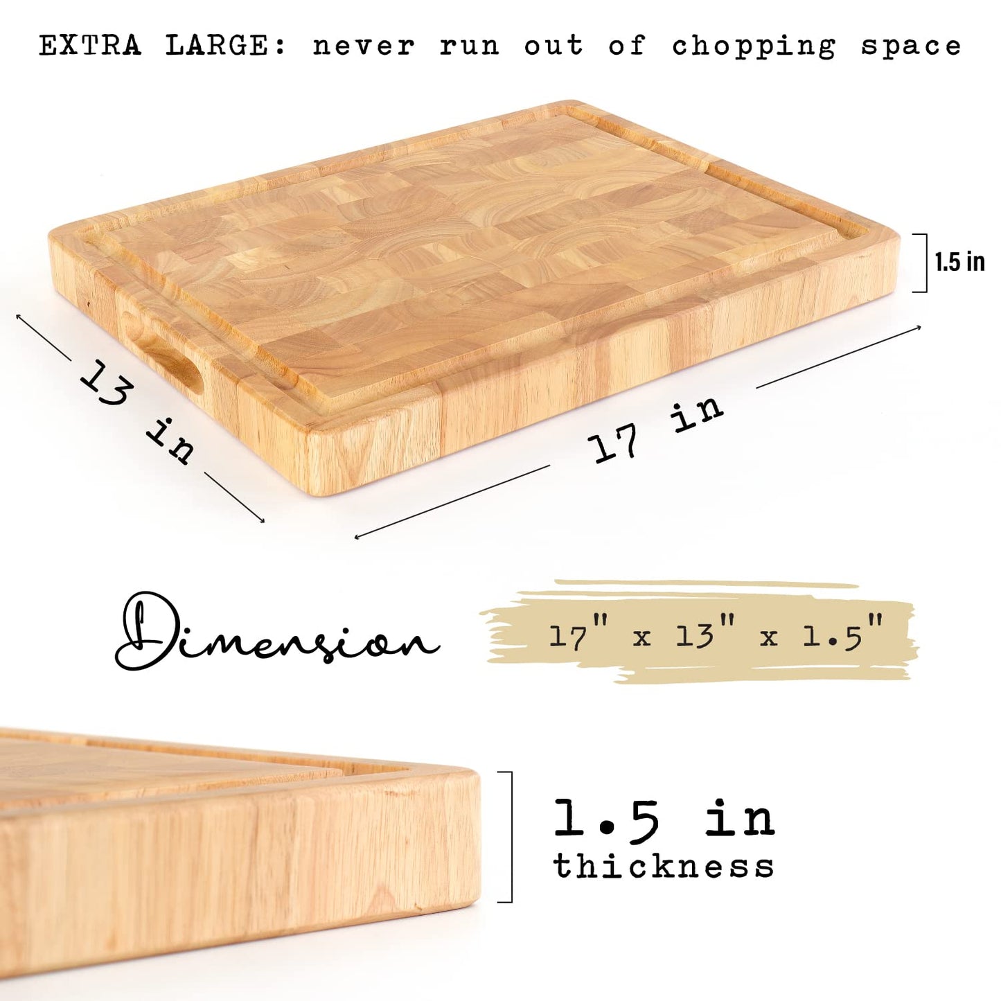 Wooden Butcher Block End Grain Cutting Board - 17x13x1.5in Reversible Multipurpose Chopping Board with Juice Groove, Cracker Holder & Inner Handles