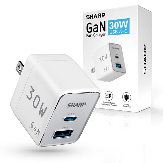 Sharp USB C Charger - 30W, Dual Port (USB A+C) Compact Foldable GaN Fast Charge for iPhone 15/15 Pro/15 Pro Max/14/13/12, Pad Pro/AirPods and More