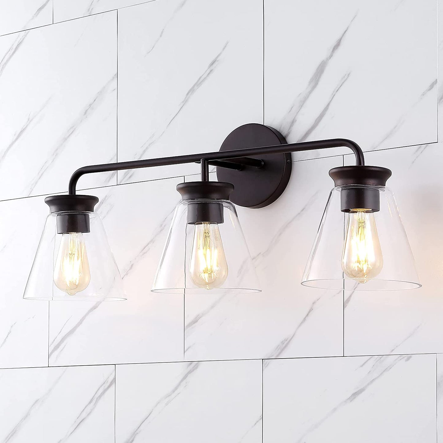 JONATHAN Y 27" Oil Rubbed Bronze/Clear Modern Farmhouse 3-Light LED Vanity Light for Bathroom, Kitchen, Hallway, Clear Glass Shade, Dimmable Edison