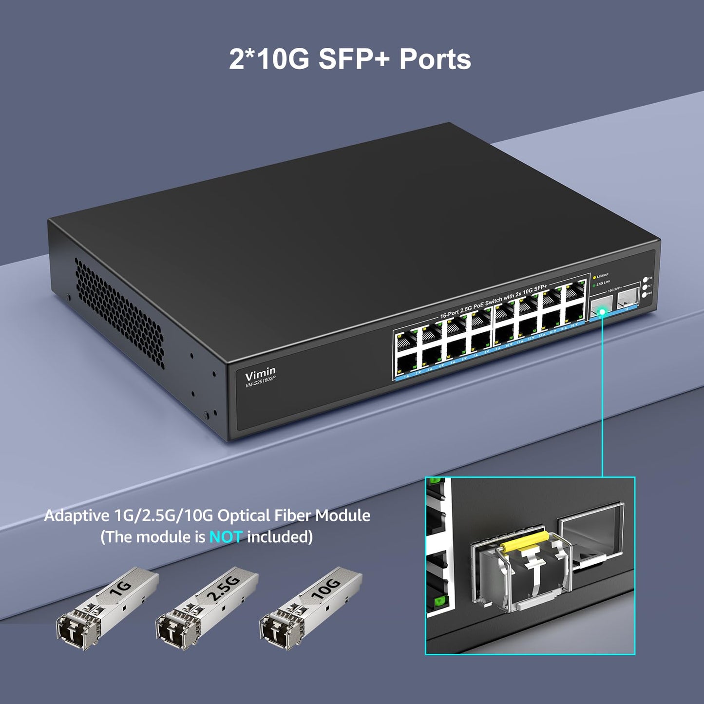 16 Port 2.5G PoE Switch Unmanaged with 2X 10Gbps SFP, VIMIN 16x 2.5G Base-T PoE Ports, 10G SFP PoE Switch w/ 120Gbps Ethernet Switching Capacity