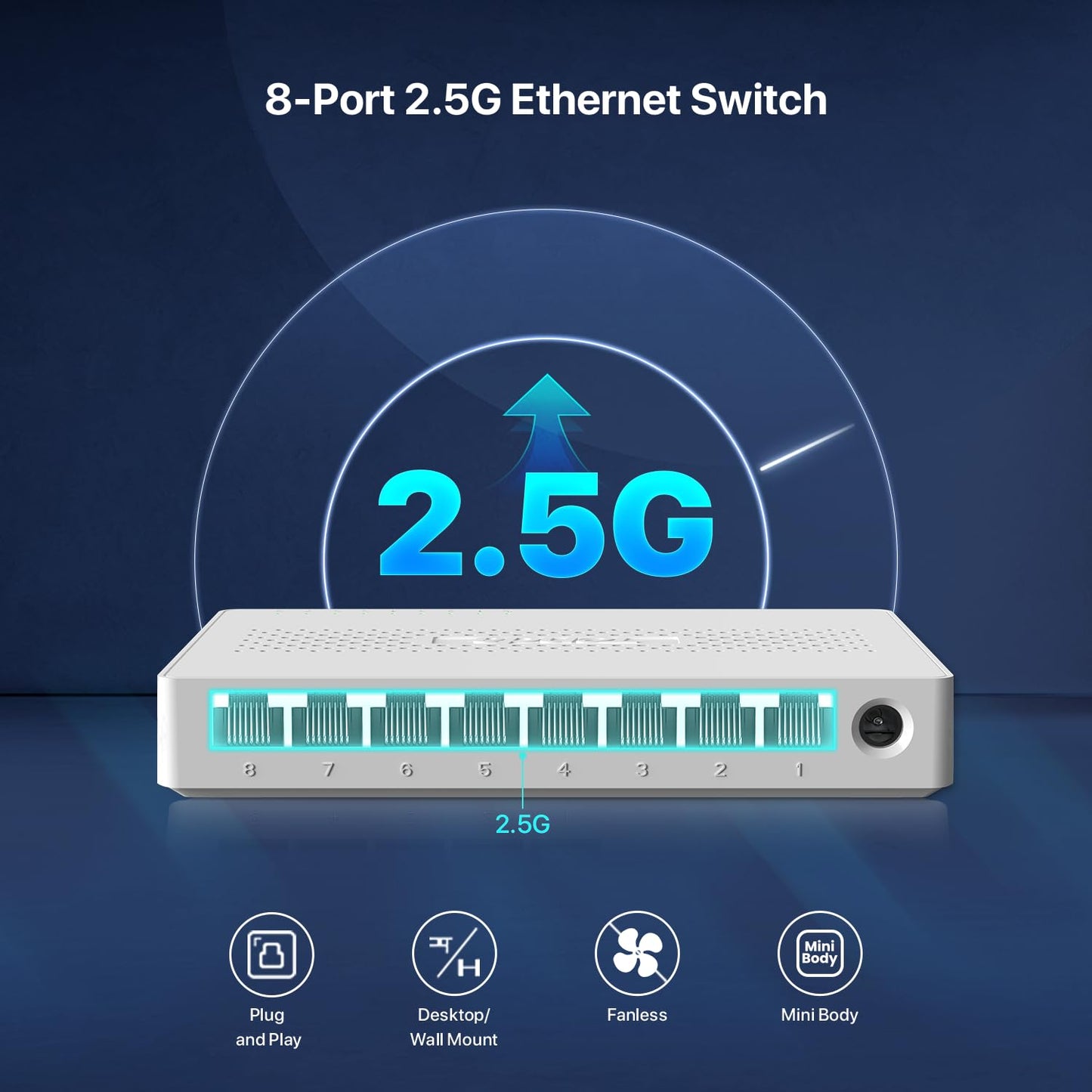 Tenda SM108 8 Port 2.5G Unmanaged Ethernet Switch, 8 X 2.5G Base-T Ports, 40Gbps Switching Capacity, Compatible with 100/1000/2500Mbps, for Home