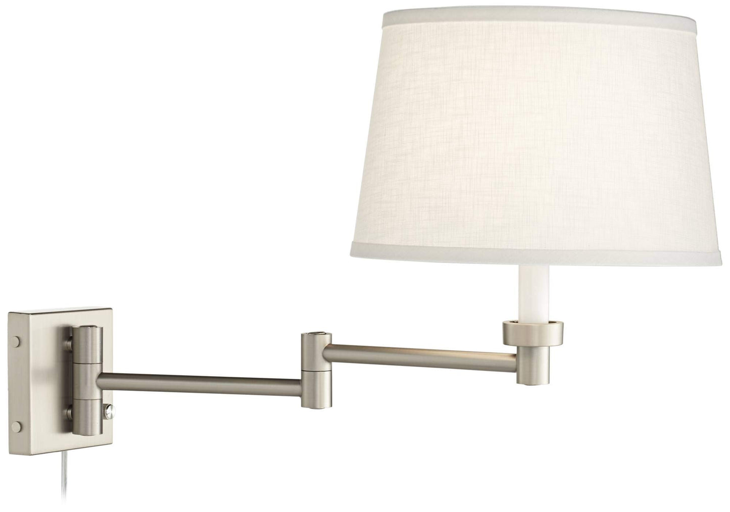 Possini Euro Design Modern Indoor Swing Arm Wall Lamp Brushed Nickel Plug-in Light Fixture Dimmable White Linen Tapered Drum Shade for Bedroom Bedside