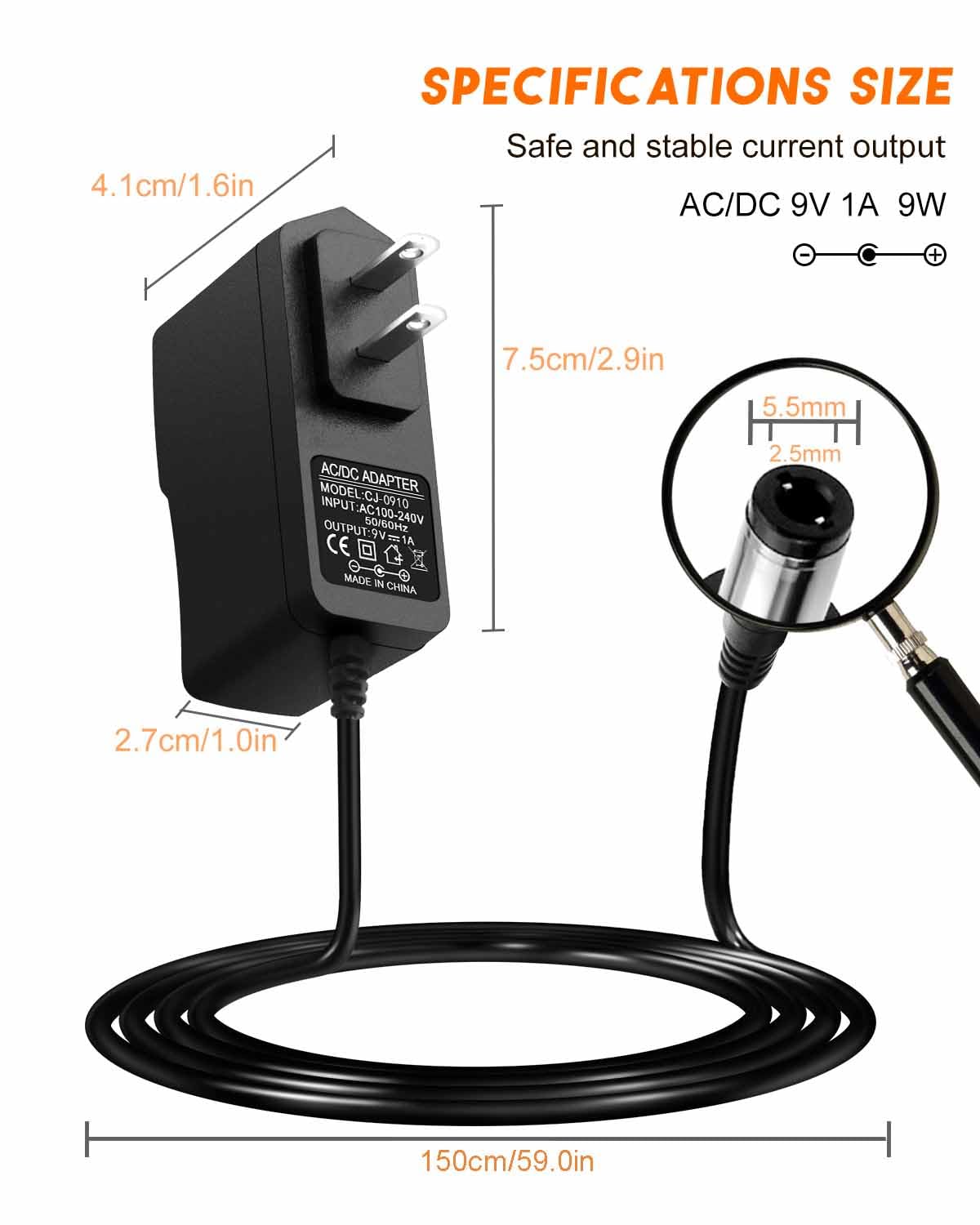 9V 1A Power Supply, 100-240V AC to DC 9V 1000mA 0.85A 0.5A 250mA Adapter with Plug 5.5x2.5mm Center Positive, Black