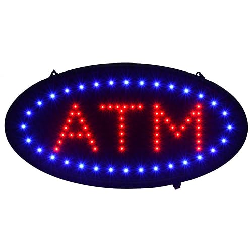 Boshen Led ATM Signs Decor for Bank Business Mart Shop Store Bar Cafe Now Open Sign Display On/Off Switch + Chain (19" Lx 10"W(Oval"ATM"))