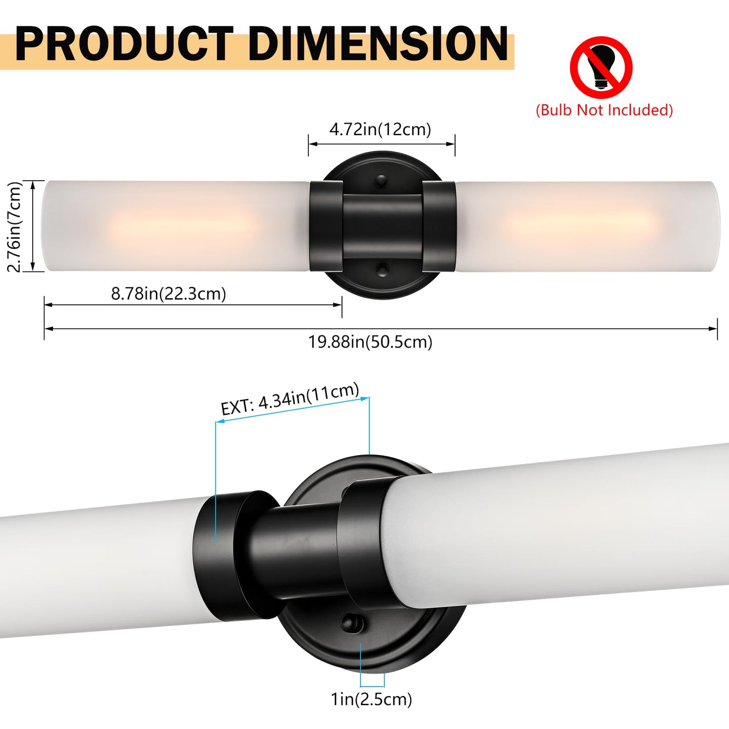 TEENYO Modern 2-Light Black Wall Sconce, Cylinder Frosted Glass Bathroom Wall Light Fixtures 20-Inch Black Glass Sconces Wall Lighting for Bedroom