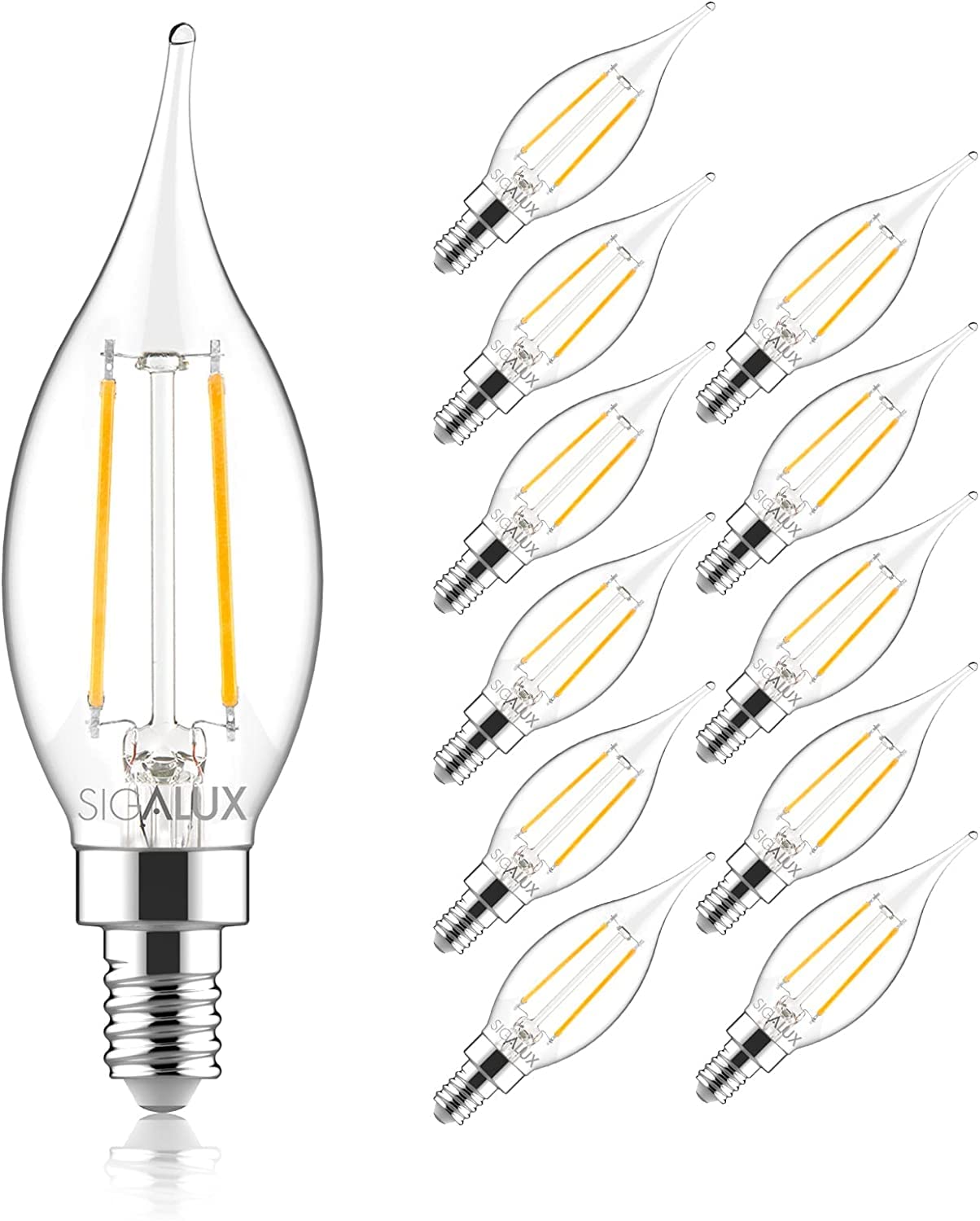 Sigalux Candelabra LED Light Bulbs Dimmable, E12 40W CA10 Flame Tip Candle, 5000K Daylight, 300LM E12 LED for Chandeliers, Ceiling Fan, Pendant, 12