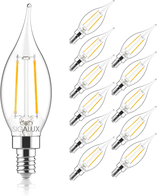 Sigalux Candelabra LED Light Bulbs Dimmable, E12 40W CA10 Flame Tip Candle, 5000K Daylight, 300LM E12 LED for Chandeliers, Ceiling Fan, Pendant, 12