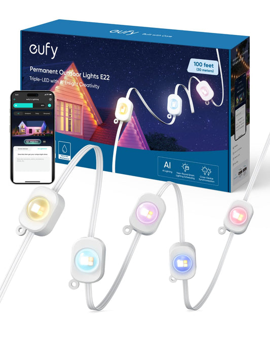 eufy Permanent Outdoor Lights E22, 100ft with 60 Triple-LED Lights, Smart RGBWW for Christmas, Daily and Holiday, Up to IP67 Waterproof, AI Light