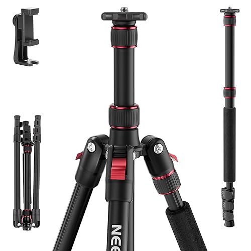 NEEWER Basics TP15 Camera Tripod Monopod, 68" Metal Heavy Duty Portable Travel DSLR Cell Phone Stand with Cellphone Holder Mount Compatible