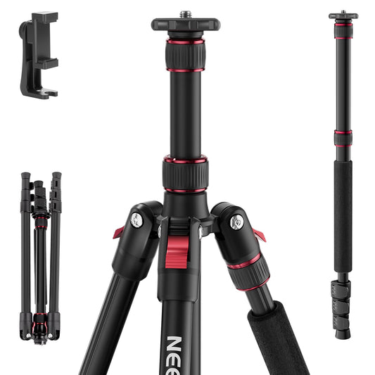 NEEWER Basics TP15 Camera Tripod Monopod, 68" Metal Heavy Duty Portable Travel DSLR Cell Phone Stand with Cellphone Holder Mount Compatible