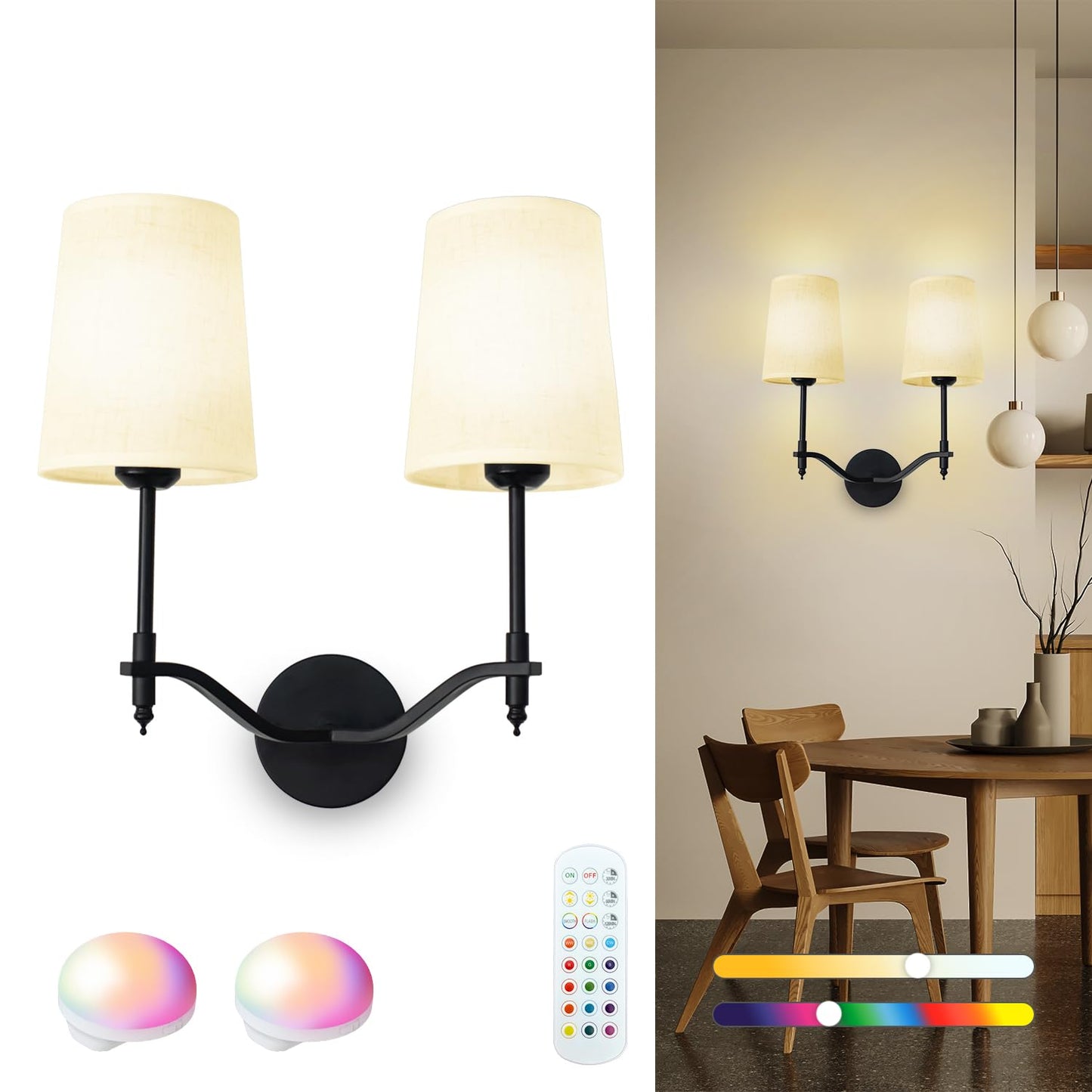 Troconce Wall Lights Battery Operated Wall Sconces 2-Light, Black Rechargeable Wall Sconce with 15 RGB Dimmable Detachable Bulbs and Remote, Wireless