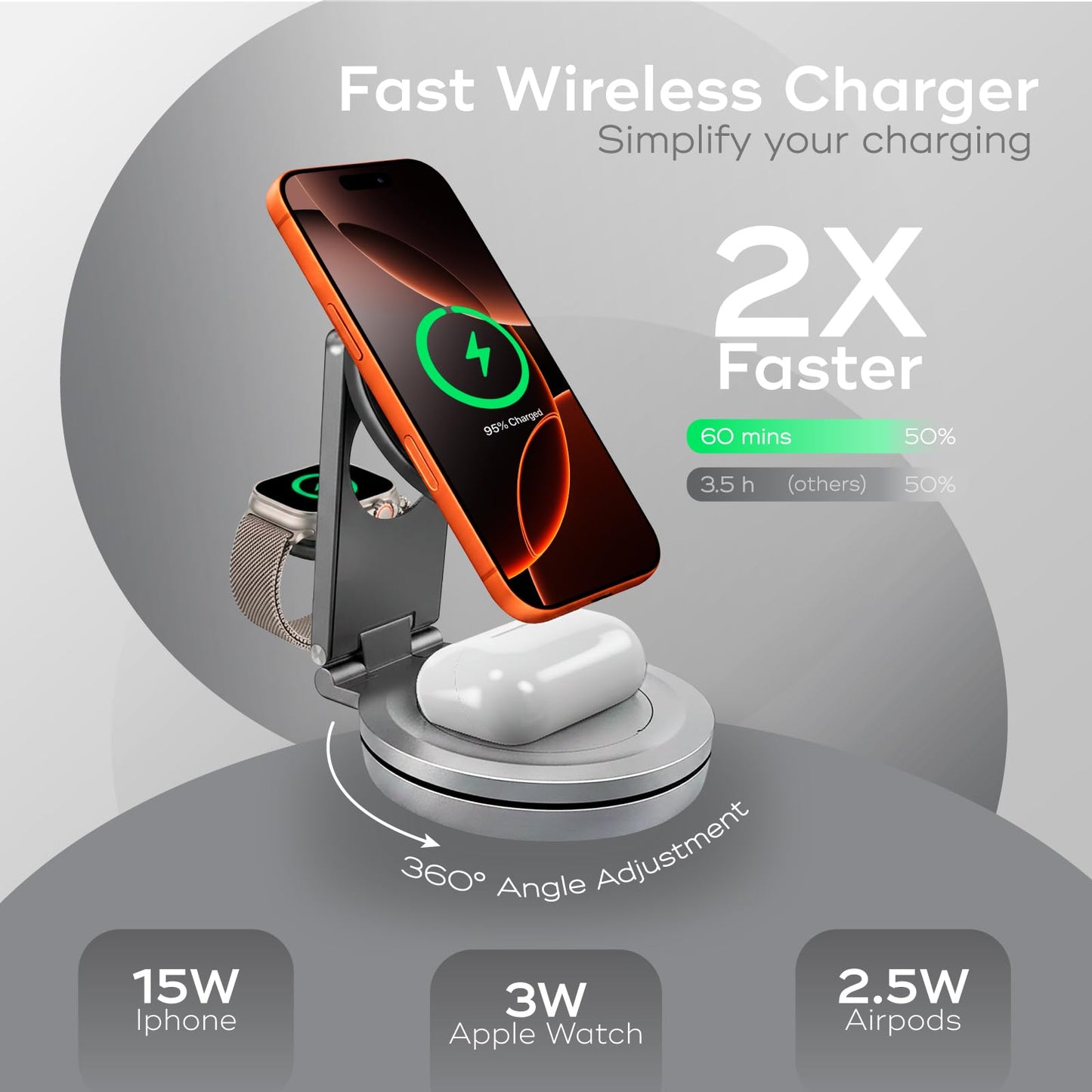 CenciTech 3 in 1 Aluminum Wireless Charging Station for iPhone 17/16/15/14 Pro Max, Apple Watch & AirPods | MagSafe Compatible Foldable Fast Travel