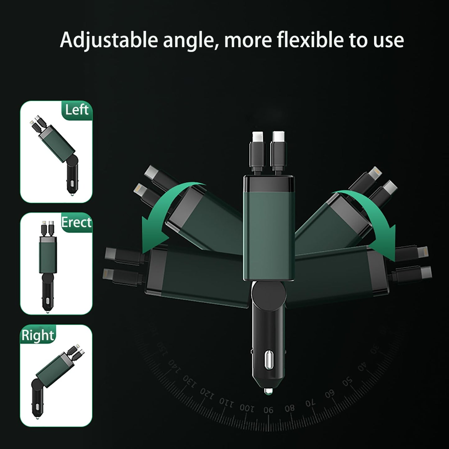 4-in-1 Retractable Car Charger, 100W Fast Car Phone Charger with 2 Retractable Cables & 2 USB Ports, Voltage Display, Multi-Port Cigarette Lighter