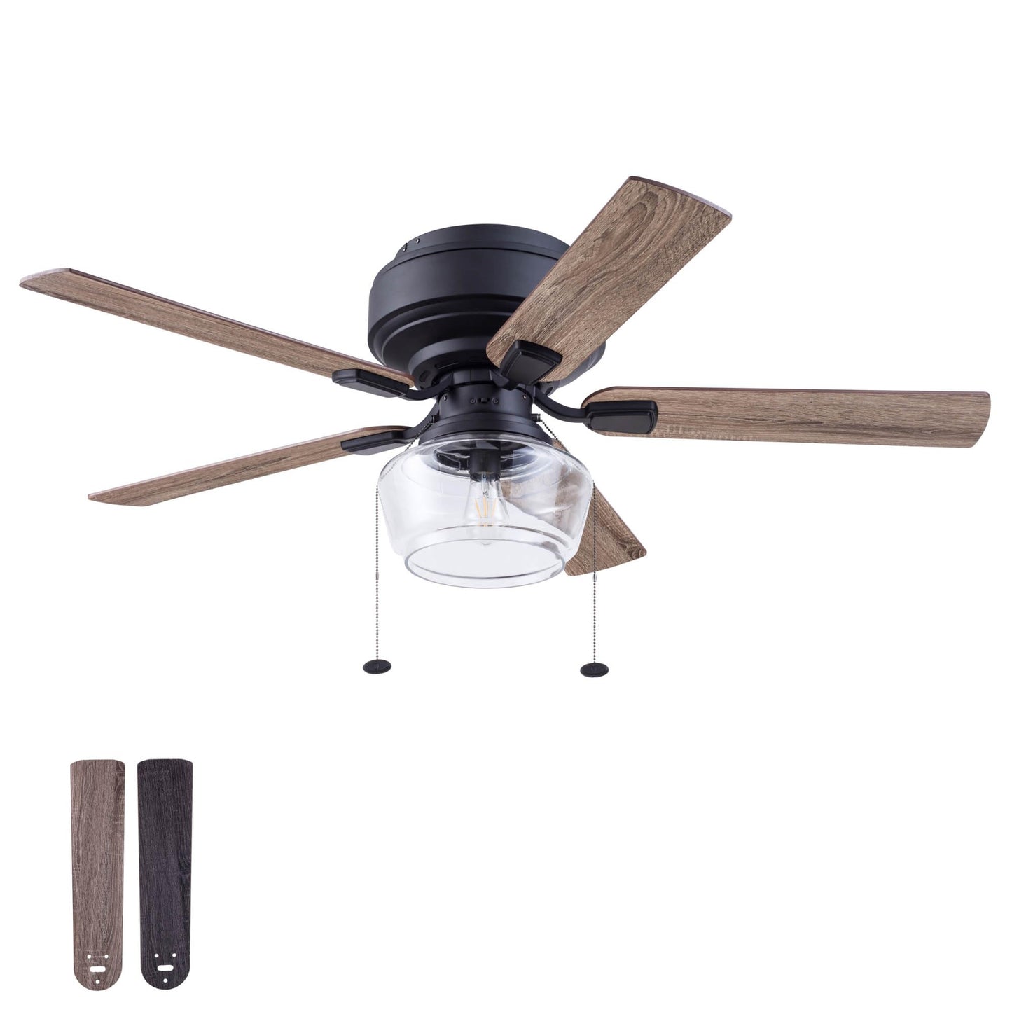 Prominence Home MaCenna, 52 Inch Traditional Farmhouse Indoor Flush Mount LED Ceiling Fan with Clear Glass Light, Pull Chain, 5 Reversible Dual-Finish