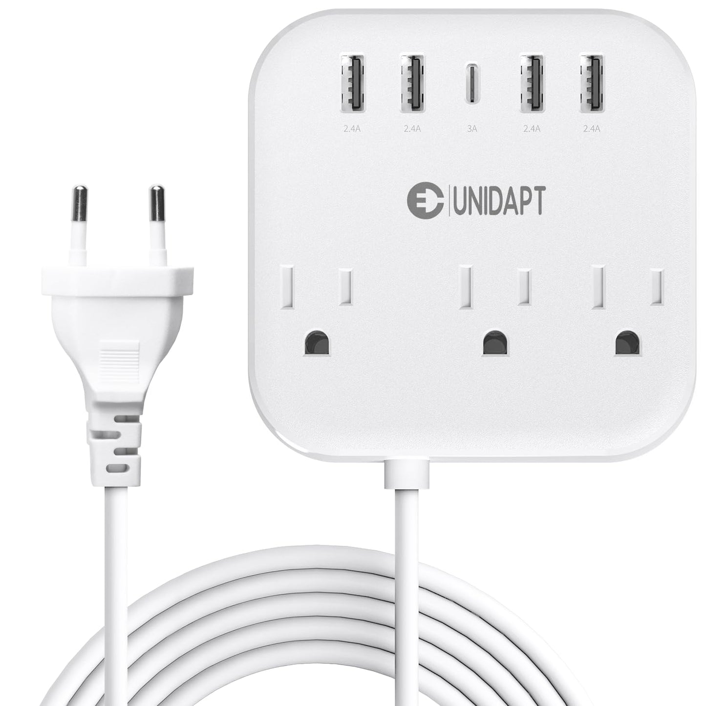 European Plug Adapter, Unidapt US to UK Europe Power Strip for EU/UK/US with USB C and 4 USB Ports, 3 AC Outlets, Wall Mountable, 5ft Extension Cord