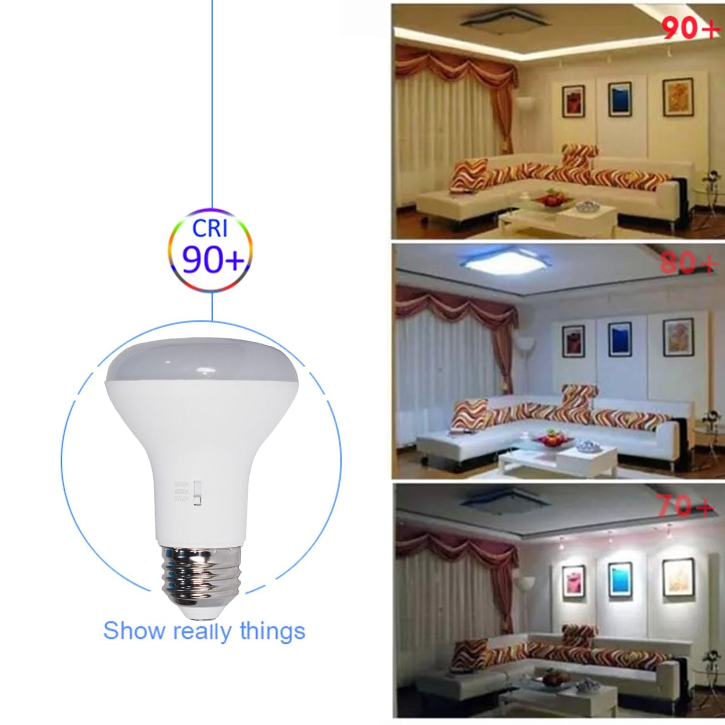 4-Pack 3CCT BR20 LED Flood Light Bulb Soft White Glow Cool White Daylight,8W (60-Watt),2700K 4000K 5000k,850LM,Dimmable,120° Beam Anglg,R20 Indoor LED