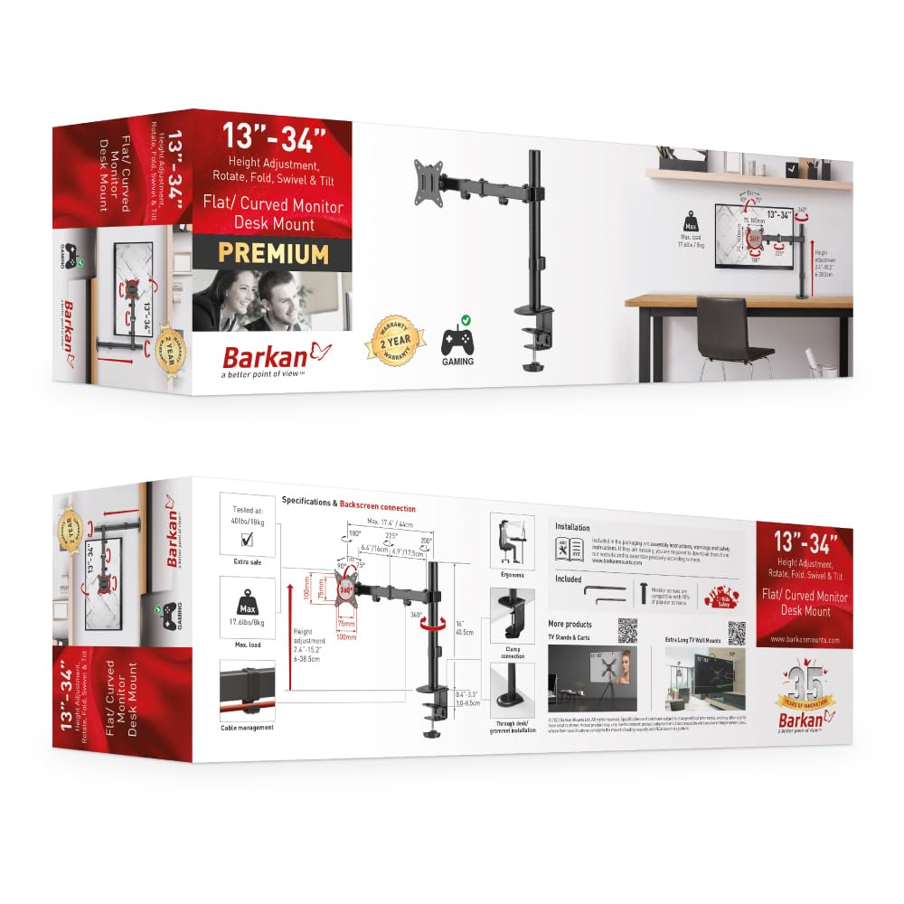 Barkan Monitor Desk Mount for Flat/Curved Screens Sizes 13-34 inch, Full Motion - 5 Movements, Ergonomic, 360 Degree Rotation, Touch & Tilt, Holds up