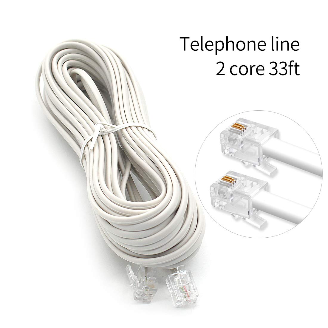 33 Feet Long Telephone Line Cord Phone Extension Modular Telephone Extension Cord 6P4C Pin Plug Male to Male Plug Telephone Extension 2 Conductor (2