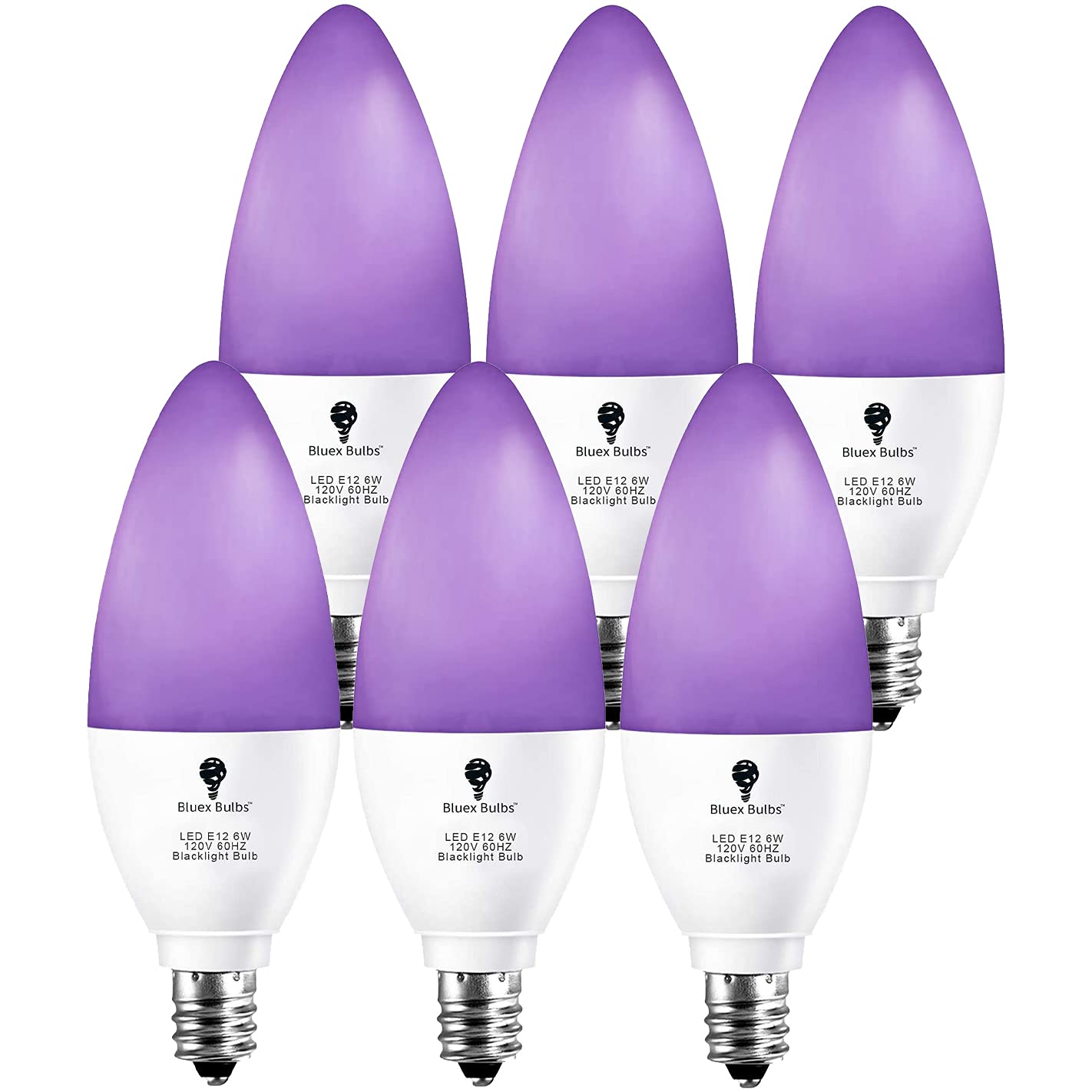 6 Pack LED Black Light Bulb, 6W E12 Candle Blacklight Bulb Level 385-400nm, Body Paint, Glow in The Dark Party E12 LED Light Bulb Neon Glow