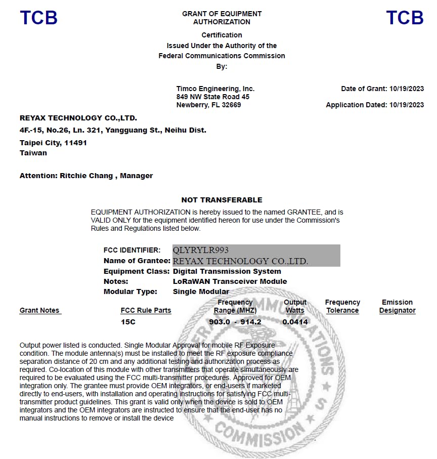 REYAX RYLR993_lite RYLR993 868/915MHz LoRaWAN® & Proprietary Dual mode Transceiver antenna module long distance! FCC CE MIC NCC Certification