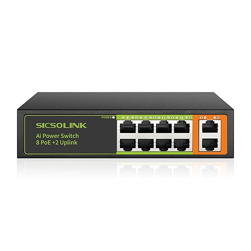 SICSOLINK 8 Ports PoE+ Ethernet Switch 2 Uplink 802.3af/at 120W Total Power 100Mbps Network Hub 20 Gbps Switch Capacity Unmanaged PoE Switch Suitable
