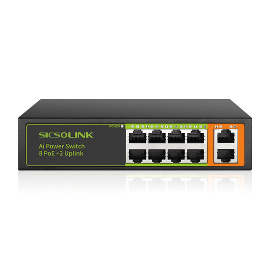 SICSOLINK 8 Ports PoE+ Ethernet Switch 2 Uplink 802.3af/at 120W Total Power 100Mbps Network Hub 20 Gbps Switch Capacity Unmanaged PoE Switch Suitable