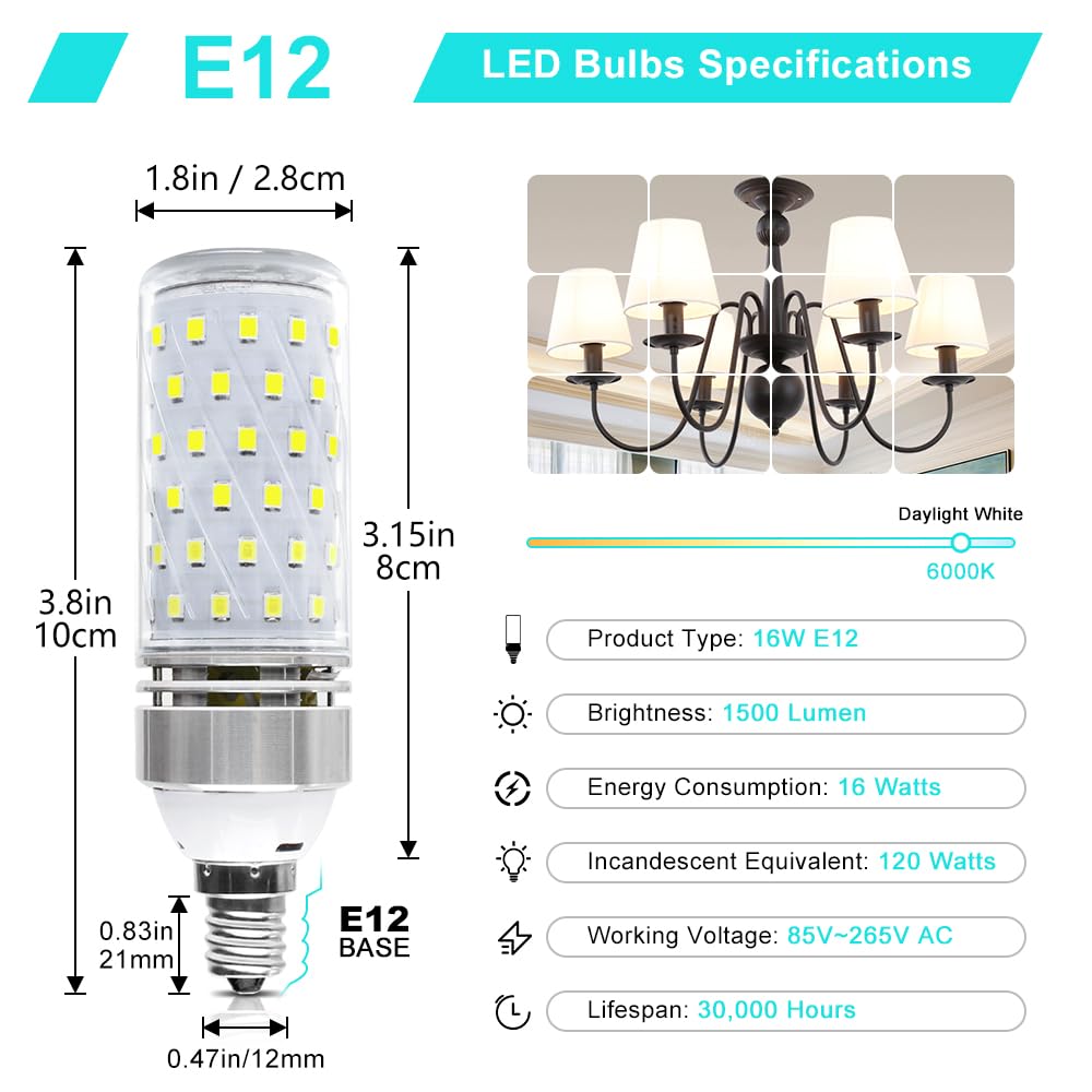 LEDLightsWorld Super Bright E12 LED Corn Bulbs, 16W 1500LM Bulbs, Daylight White 6000K Lights, CRI80+, 120W Incandescent Bulb Equivalent, E12 Base