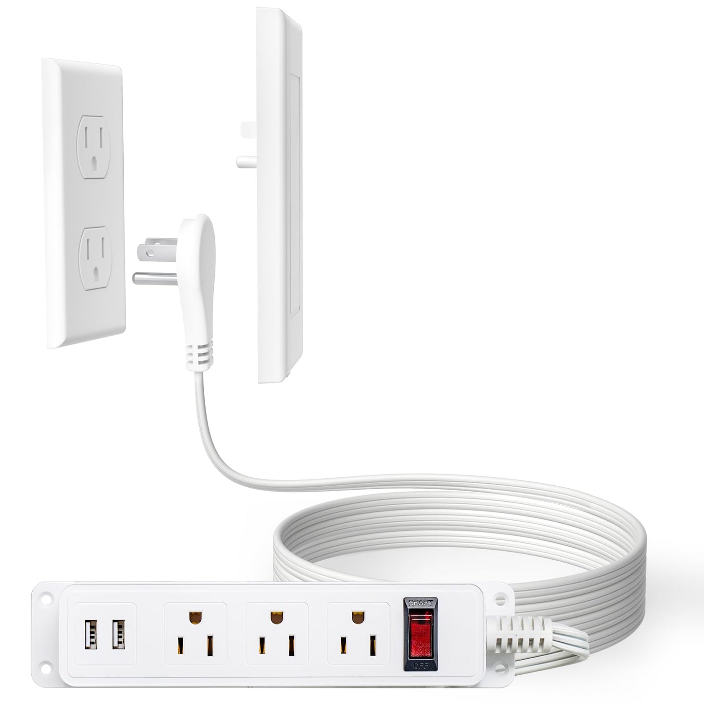 addlon Flat Plug Power Strip with Ultra-Thin Wall Plate, 10 FT Flat Extension Cord with 3 Standard 15A Outlets & 2 USB Ports, Electrocution