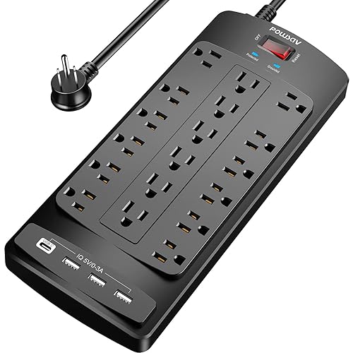 18 Outlets Surge Protector Power Strip - 6 Feet Flat Plug Heavy Duty Extension Cord with 18 Widely Outlets and 4 USB Ports, 2100 Joules, Black, ETL