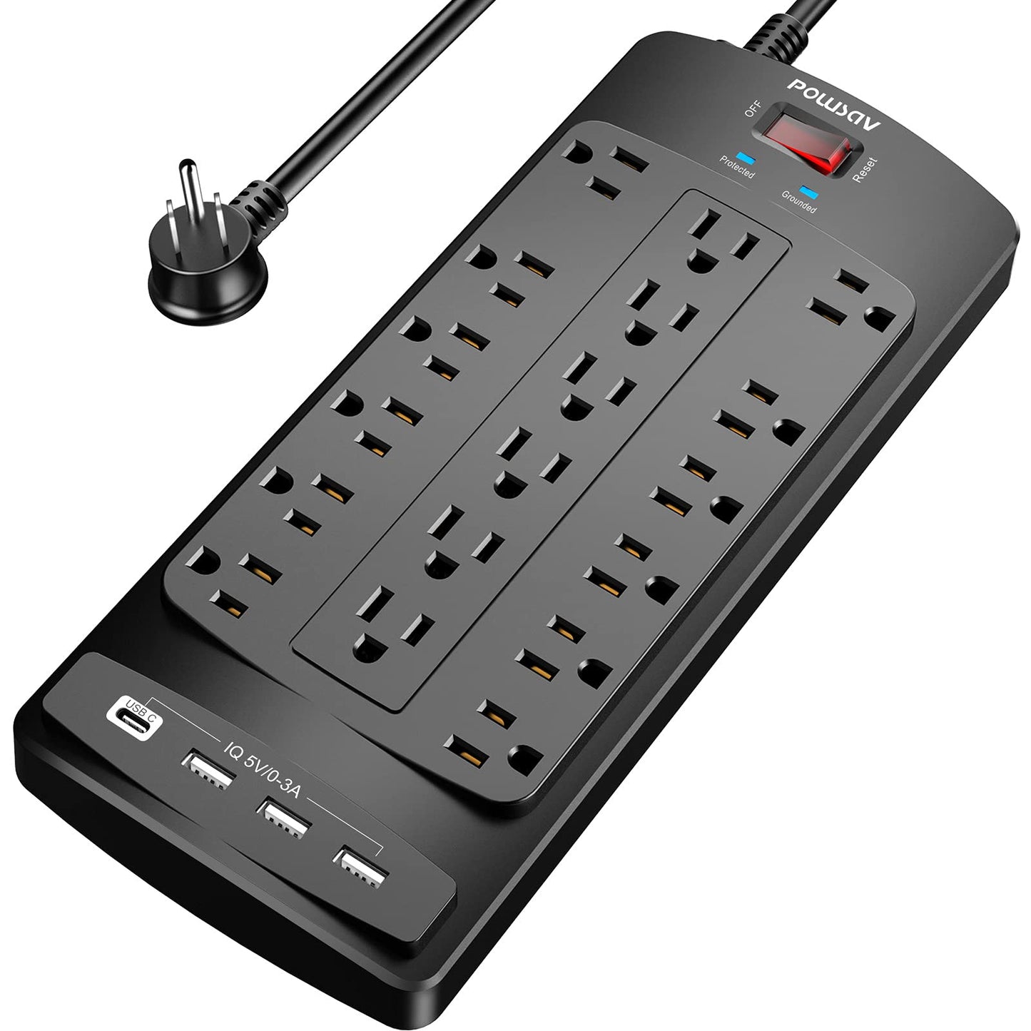 18 Outlets Surge Protector Power Strip - 6 Feet Flat Plug Heavy Duty Extension Cord with 18 Widely Outlets and 4 USB Ports, 2100 Joules, Black, ETL