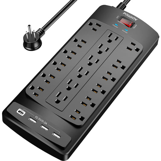 18 Outlets Surge Protector Power Strip - 6 Feet Flat Plug Heavy Duty Extension Cord with 18 Widely Outlets and 4 USB Ports, 2100 Joules, Black, ETL