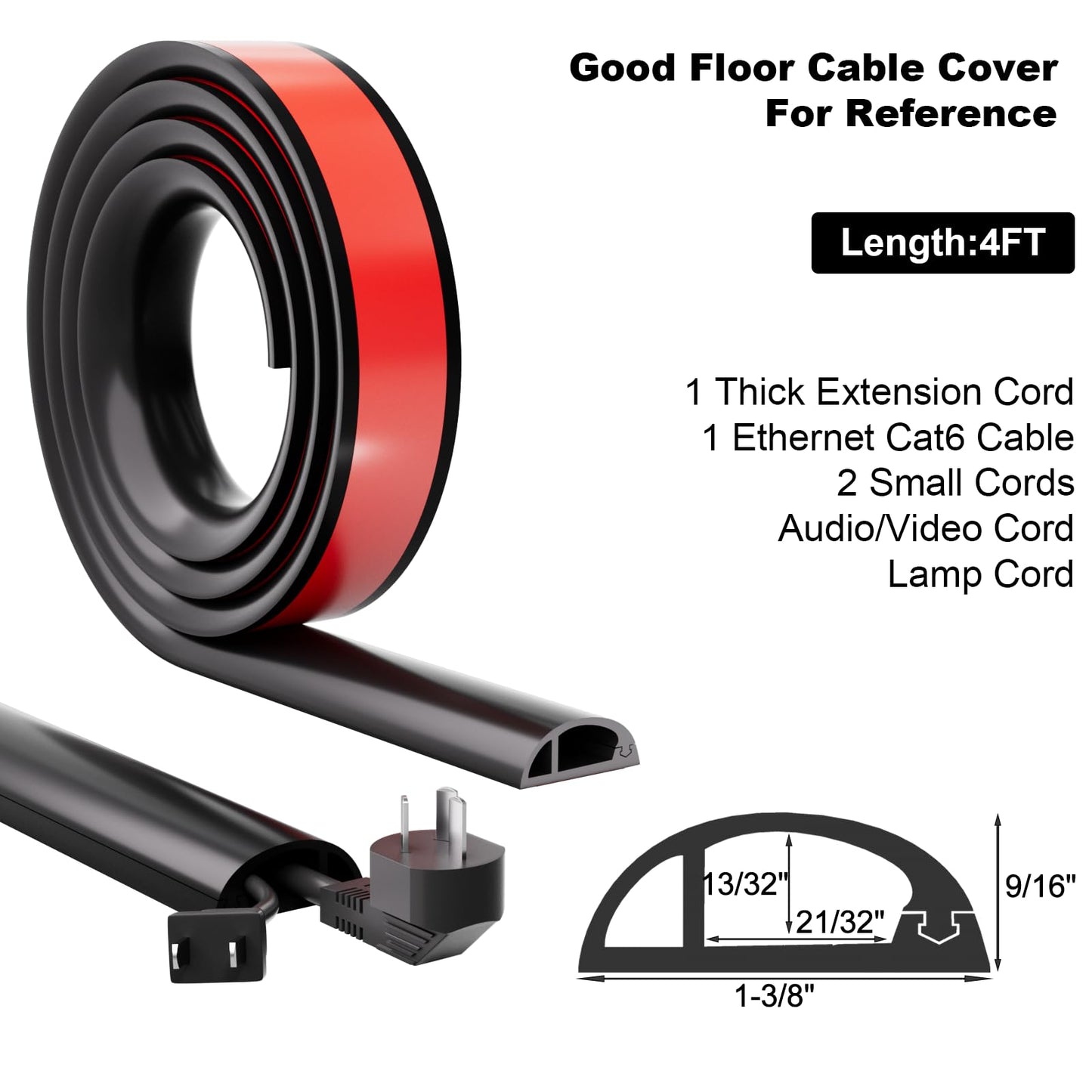 Kneelisa 4FT Side-Open Extension Cord Covers for Wires on Floor,Silicone Power Cable Protector Cord Hider Management Strip,Hide Electric Wire on
