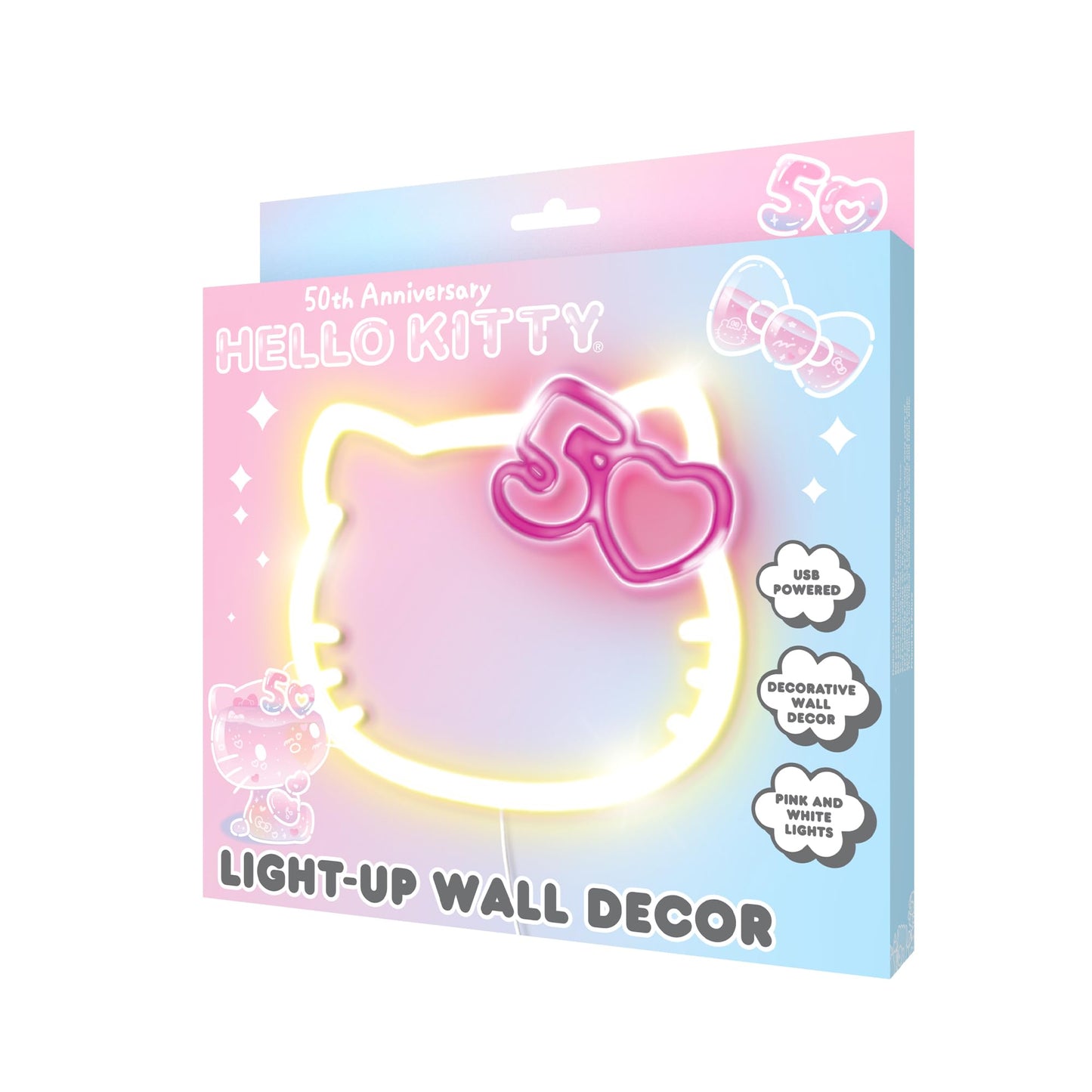 Hello Kitty 50th Anniversary Light-Up Wall Decor - USB Powered Neon LED Sign with Pink and White Lights, Cute Decorative Wall Art for Bedrooms