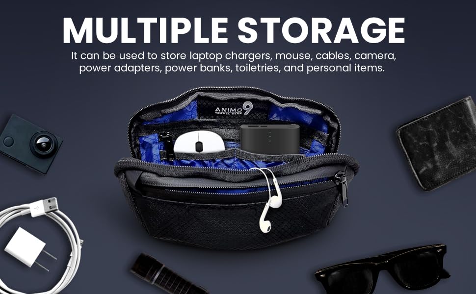 ANIMO 9 Travel Gear Cable Organizer - Sleek & Weatherproof Back Tech Pouch for Cords, Chargers, and Electronic accessories.