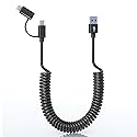 USB to USB C and Lightning Cable Combo 2 in 1 Coiled Cable Support Apple Carplay & Android Auto 3A Fast Charge Data Sync Short Curly Lightning…