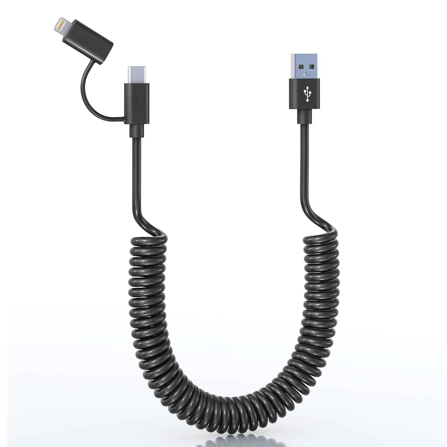 USB to USB C and Lightning Cable Combo 2 in 1 Coiled Cable Support Apple Carplay & Android Auto 3A Fast Charge Data Sync Short Curly Lightning…