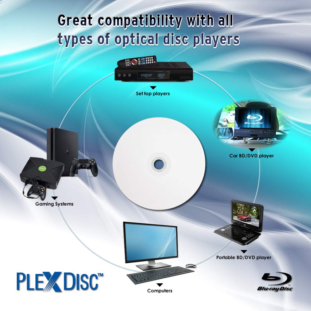 PlexDisc Water Resistant Glossy White Inkjet Printable BD-R 6x 25GB Blu-ray, 25 Disc Spindle
