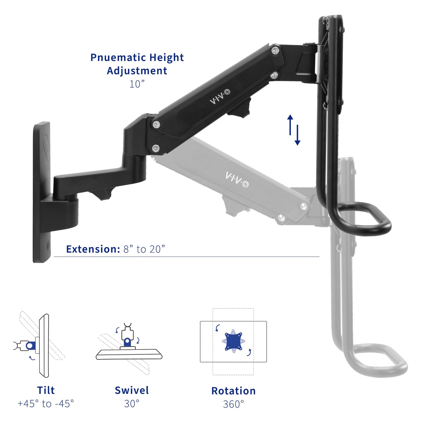 VIVO Premium Aluminum Single or Dual Monitor Pneumatic Arm Wall Mount for 2 Screens up to 27 inches or 1 Ultrawide up to 49 inches, Sliding VESA