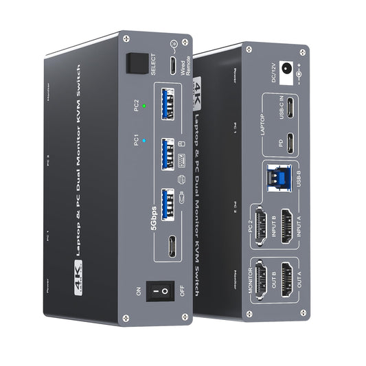 4K USB Type-C Docking KVM Switch Laptop& Desktop 2 Monitors 2 Computers USB-C & Dual HDMI 4K@60Hz Dual Monitor KVM Switches for MAC & PC, PD 100W