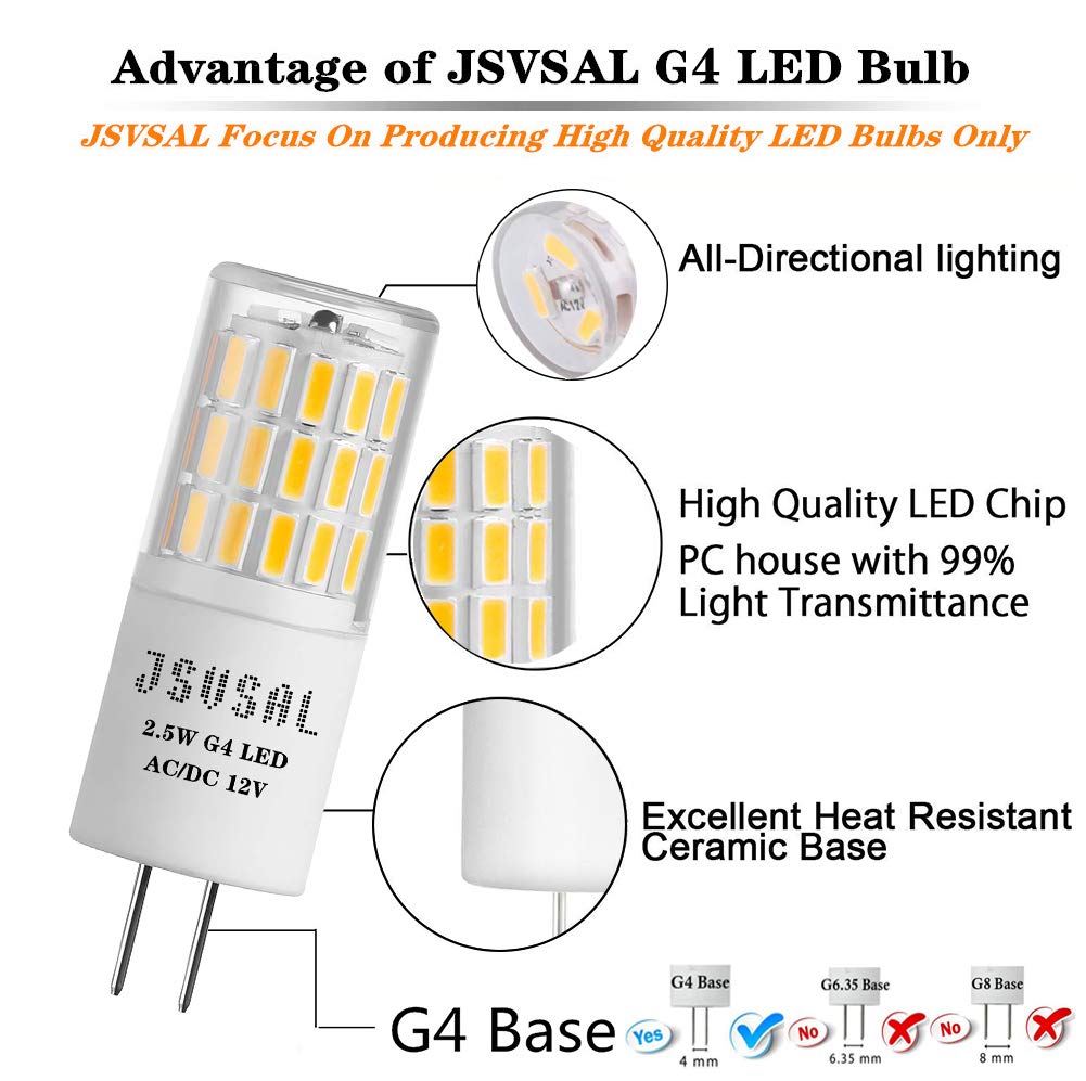 JSVSAL G4 LED Bulb,Soft White 3000K,2.5W 12V, Non-dimmable,4-Pack