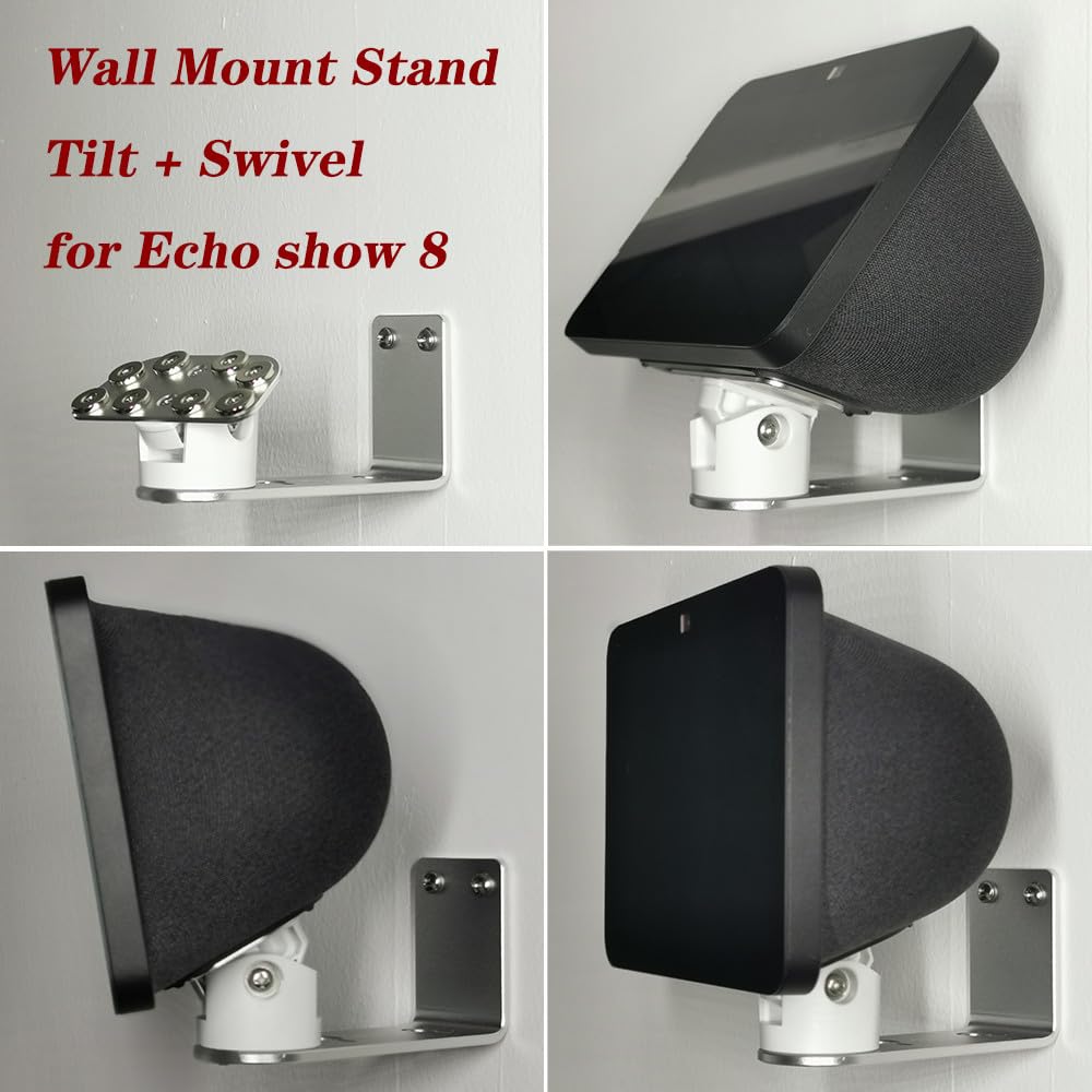 ATOPCAENRT Wall Mount Stand Made for All-New Echo Show 8 (3rd Gen, 2023 Release) | (2nd Gen, 2021 Release) | Echo Show 8, Tilt + Swivel Stand (Silver)