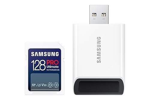 Samsung PRO Ultimate Full Size Memory Card+USBReader, 128GB SDXC, Up to 200 MB/s, 4K UHD, UHS-I, C10, U3, V30, A2 for DSLR, Mirrorless Cameras, PCs