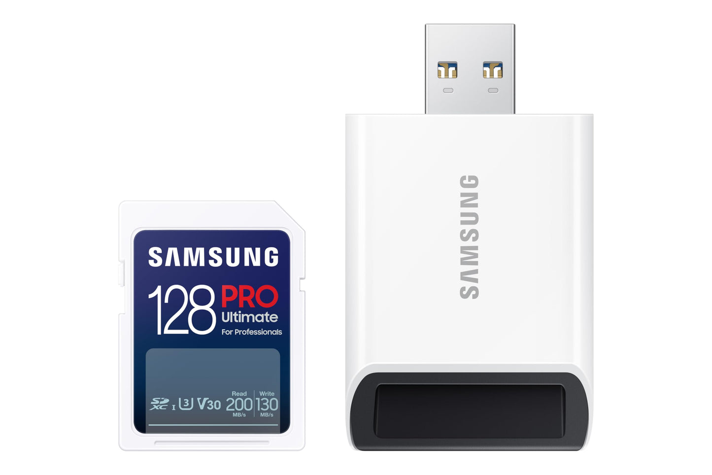Samsung PRO Ultimate Full Size Memory Card+USBReader, 128GB SDXC, Up to 200 MB/s, 4K UHD, UHS-I, C10, U3, V30, A2 for DSLR, Mirrorless Cameras, PCs