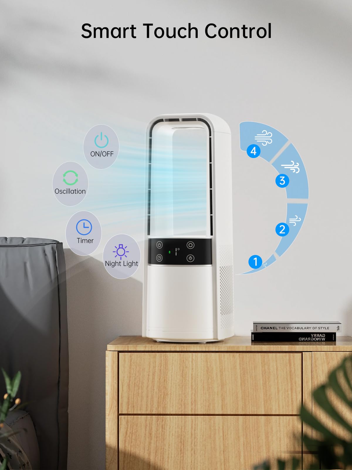 Desk Fan Bladeless, 120° Oscillating Fan Rechargeable, Quiet Fan with Night Light, Smart LED Touch Control, 4 Speed & 9H Timer, Small Table Fan, Auto