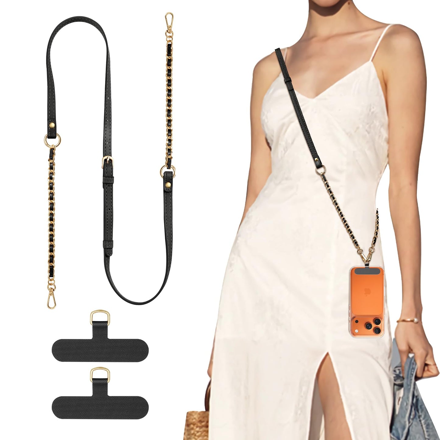 TiMOVO 2-in-1 Phone Lanyard Crossbody, Adjustable Phone Strap for iPhone 17, 16 Series and Most Smartphones, PU Strap Combo with Metal Chain