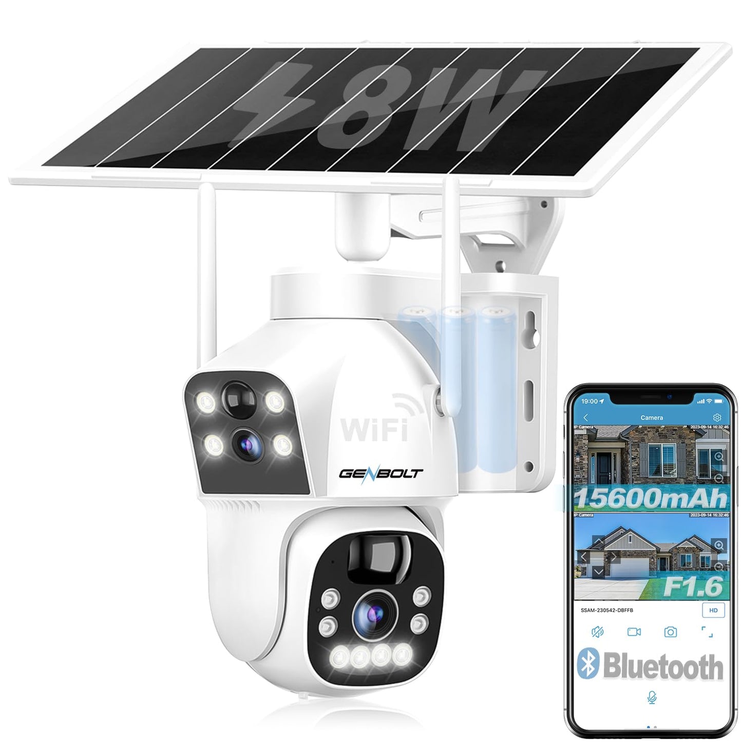 GENBOLT Solar WiFi Security Camera Outdoor Wireless, 8W 15600mAh Battery Powered Home Surveillance Cam CCTV with Dual View, Dual Lens Spotlight IP Cam