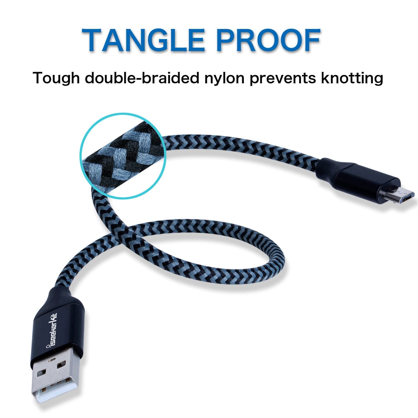 iSeekerKit Short Micro USB Cable 1Ft Nylon Braided Fast USB Charging Cord Compatible for External Battery Charger, Samsung, HTC, LG, Android and More