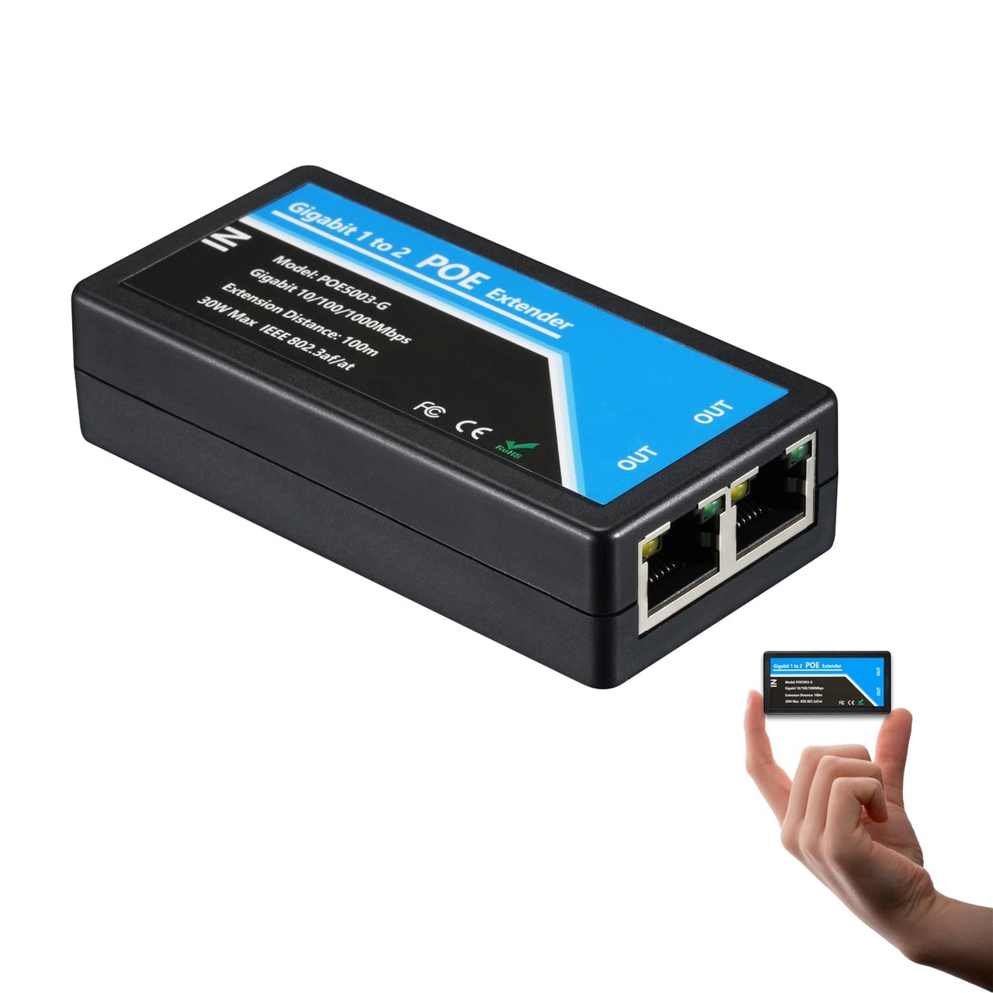 Revotech Gigabit 2 Port POE Extender, IEEE 802.3af/at PoE+ Standard, 10,100,1000Mbps, POE Repeater 100 Meters(328 ft), Extender 1 in 2 Out, Power
