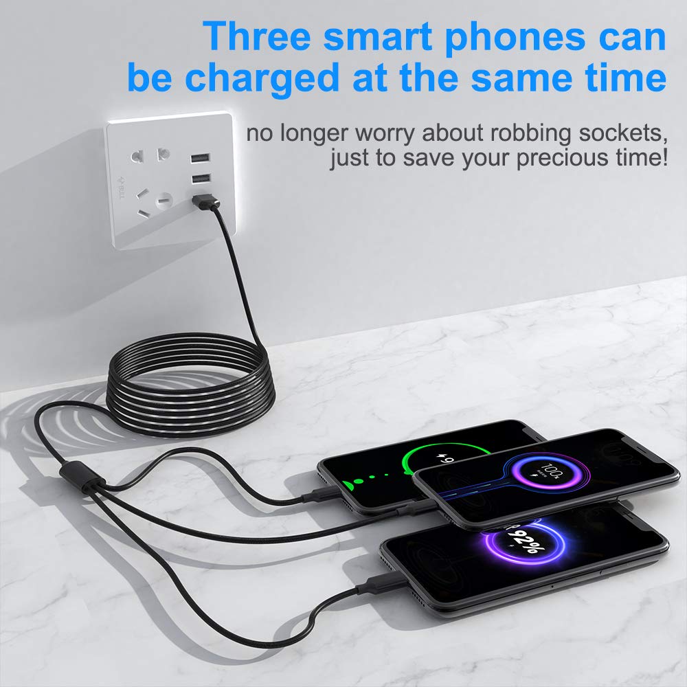 Multi 3 in 1 USB Long iPhone Charging Cable, 3M/10Ft Nylon Braided Universal Phone Charger Cord USB C/Micro USB/Lightning Connector Adapter…