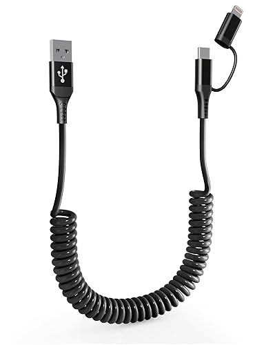Pubiohs Coiled Phone Car Charger Cable - USB-C and Lightning 2-in-1 Charging Cable, 40cm to 4ft Extendable Cord for CarPlay & Auto, Tangle-Free…